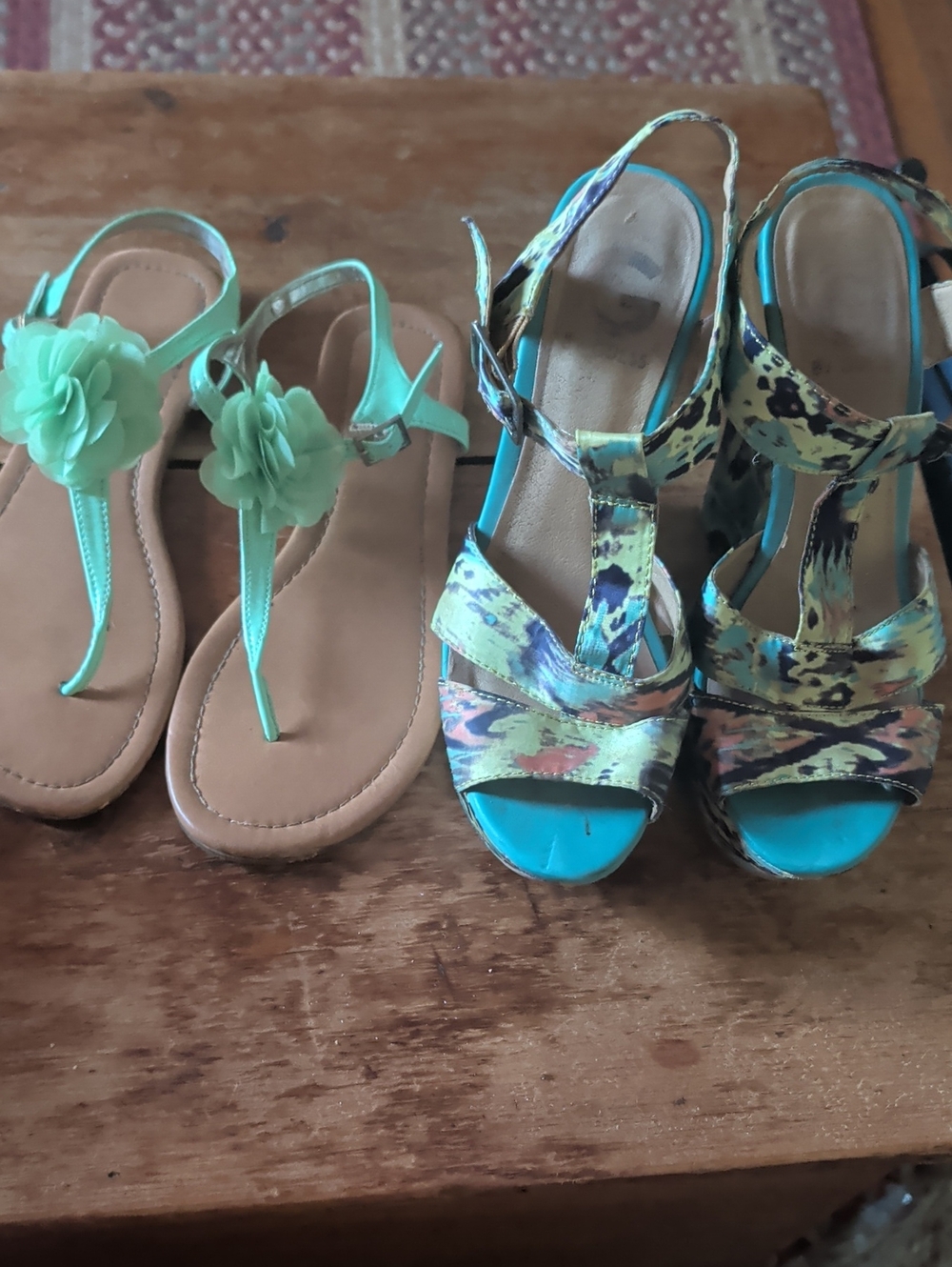 Guess Turquoise Trim Multicolor Strap Wedge Sandals And Mint Thong Sandals